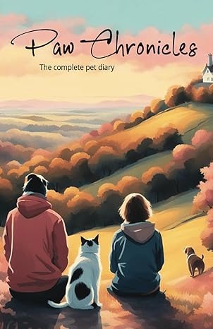 Paw Chronicles pet diary book cover: two pet owners with their dog and cat looking at a sunset over rolling hills