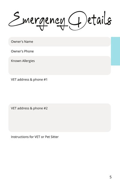Emergency Details page: owner's name, phone, known allergies and two vet addresses