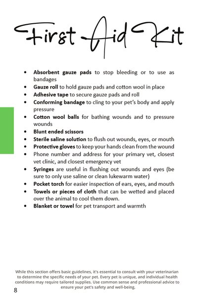 First Aid Kit checklist for pets: gauze pads, bandages, saline solution, gloves and more