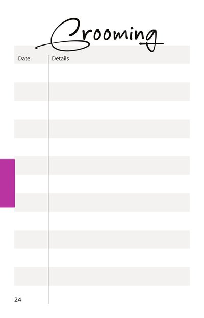Grooming page: log for bath, nail trim and coat care appointments