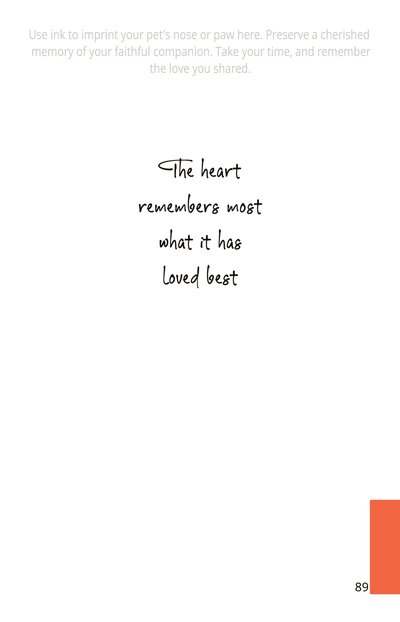 Memorial Ink page: quote 'The heart remembers most what it has loved best' with space for an ink paw or nose print