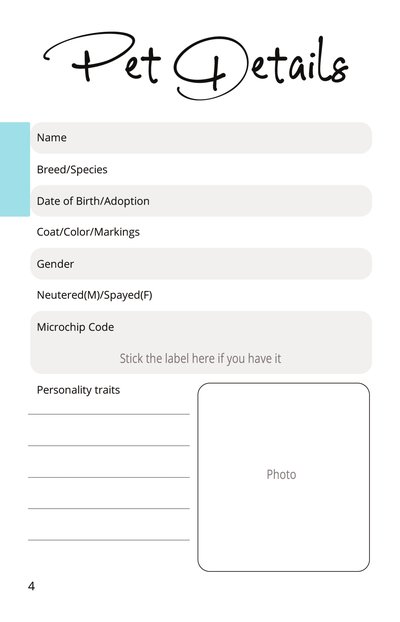 Pet Details page: fields for name, breed, date of birth, coat, gender, microchip and personality traits