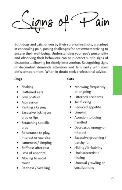 Signs of Pain page: side-by-side lists of subtle pain cues in dogs and cats