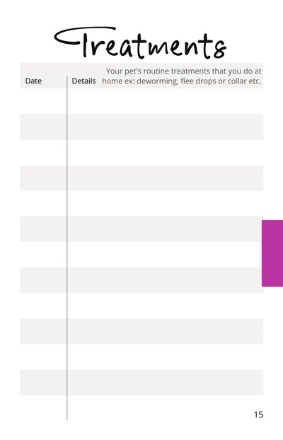 Treatments page: log for routine at-home treatments like deworming and flea drops
