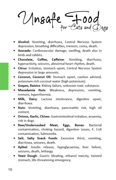 Unsafe Food page: list of foods toxic to cats and dogs with symptoms